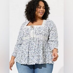 Torrid Babydoll Rayon Slub Lace Trim Long Sleeve Top